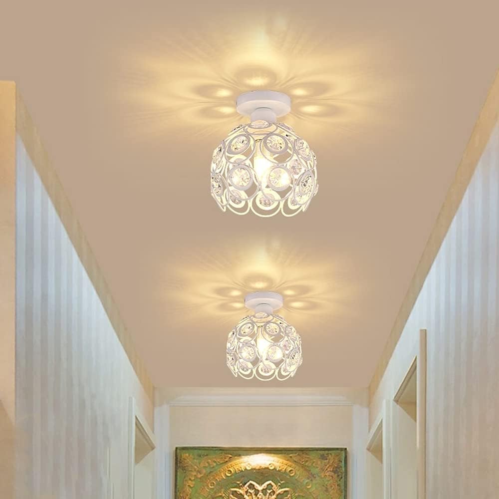 Crystal Ceiling Light Mini Crystal Chandelier Semi Flush Mount Ceiling Light White Finished Ceiling Lighting Bedroom Kitchen Living Room Modern Pendant Lighting Fixture,E26 Socket
